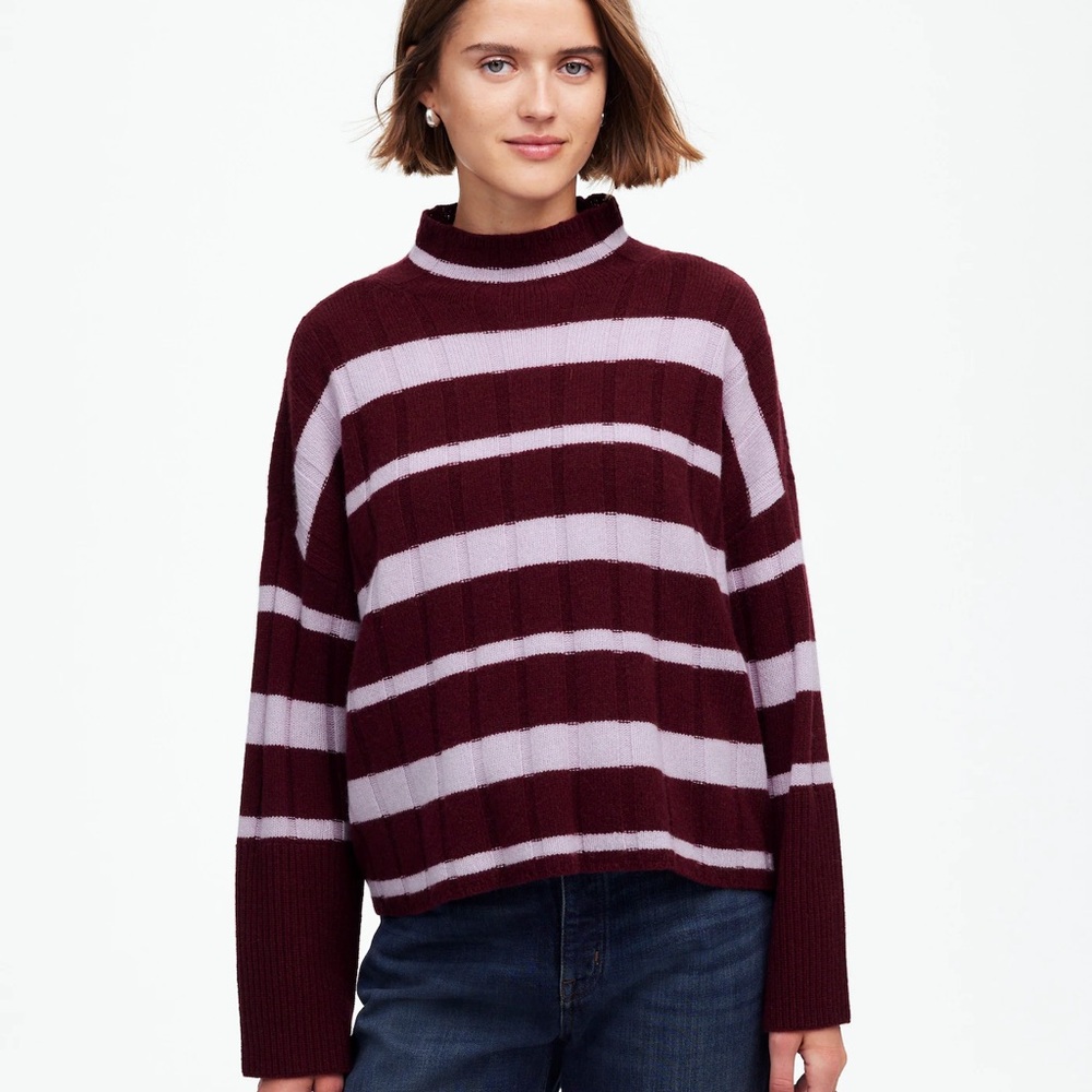 Madewell Stripe Rib Cashmere & Wool Blend Funnel Neck Sweater (M) - NWT